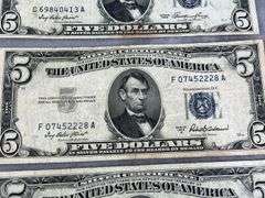 Four $5.00 Blue Seal Silver Certificates