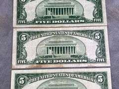 Four $5.00 Blue Seal Silver Certificates