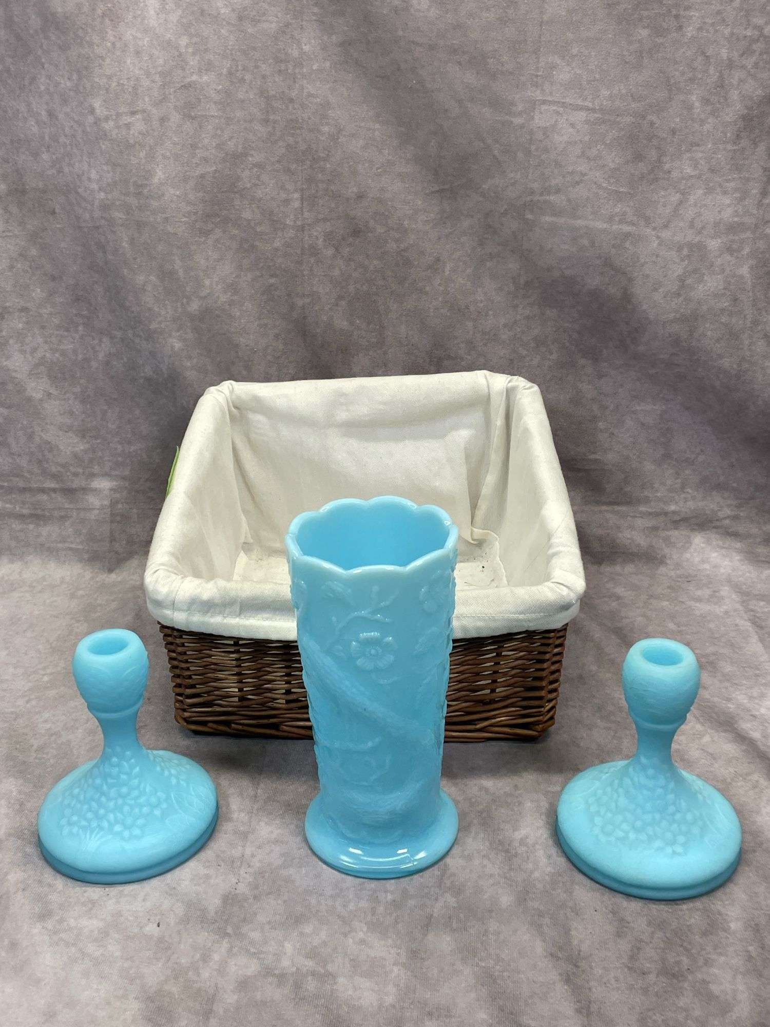 FENTON BLUE CANDLESTICKS & TALL VASE