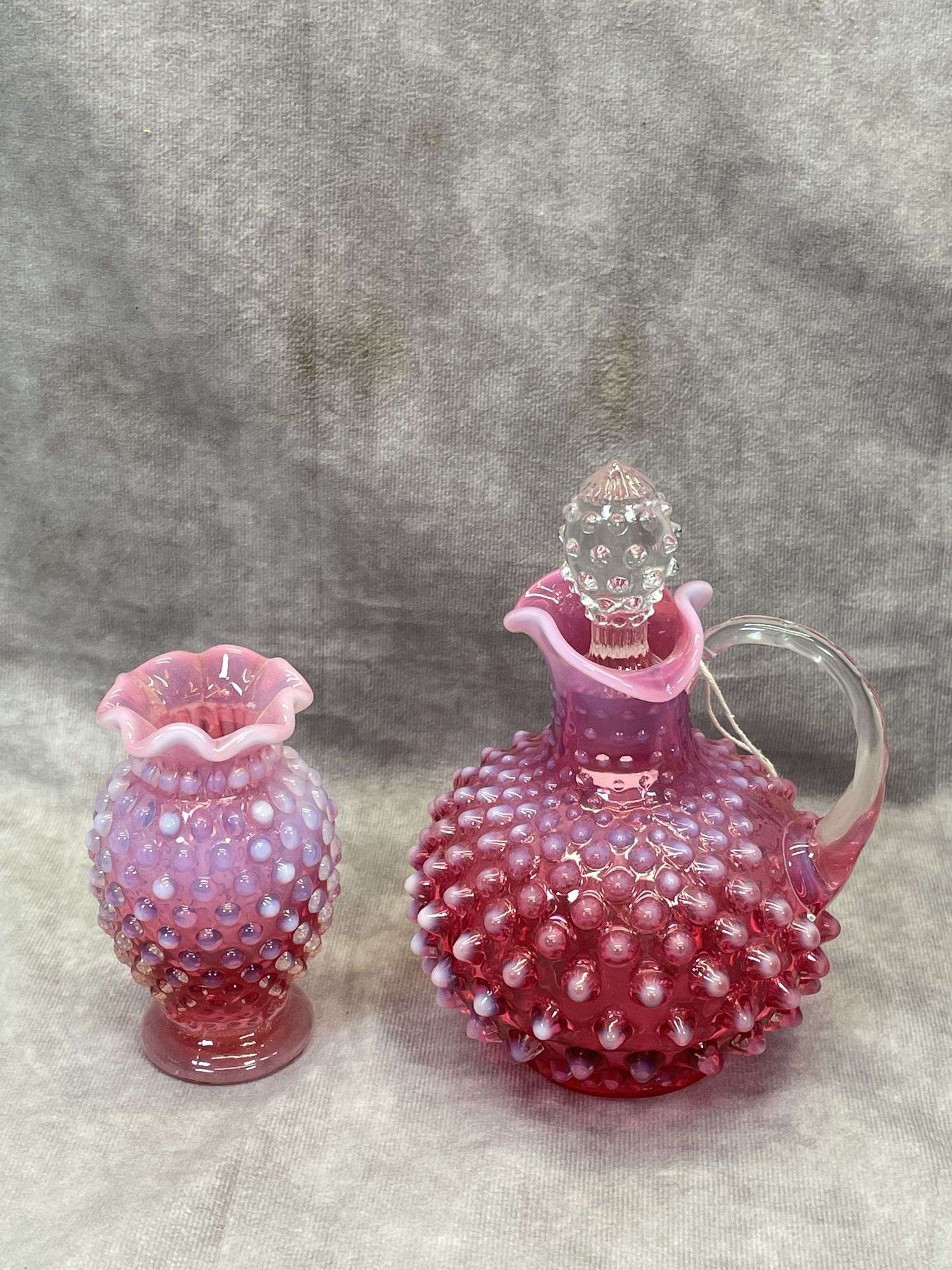 FENTON CRANBERRY HOBNAIL CRUET & VASE