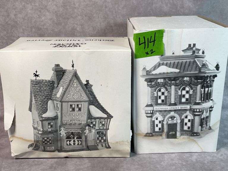 DEPT 56 CHRISTMAS VILLAGE BLENHAM STREET BANK AND NETTIE QUINN PUPPETS &  MARIONETTES