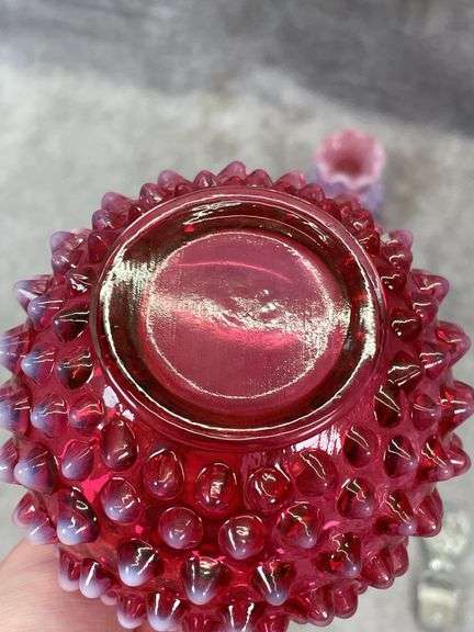 FENTON CRANBERRY HOBNAIL CRUET & VASE