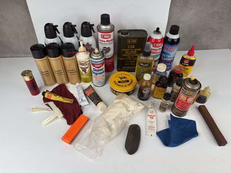 Assortment of Cleaning Supplies, Air Dusters, Oil, Lubricants, Saddle Soap, and Glue