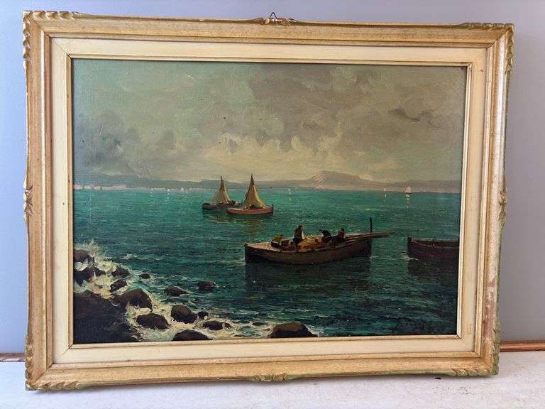 Fishermen on Ocean Painting , Signed 32.5” W 25” H