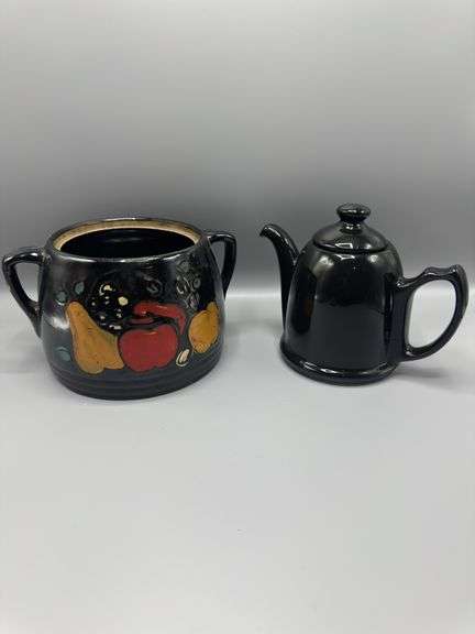 BLACK TEAPOT AND PAINTED FRUIT COOKIE JAR (JAR MISSING LID)
