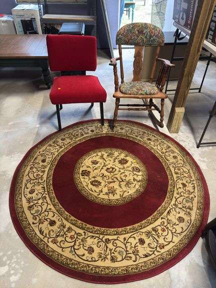 Rocking Chair, Red Upholstered Chair, and Decorative Rug