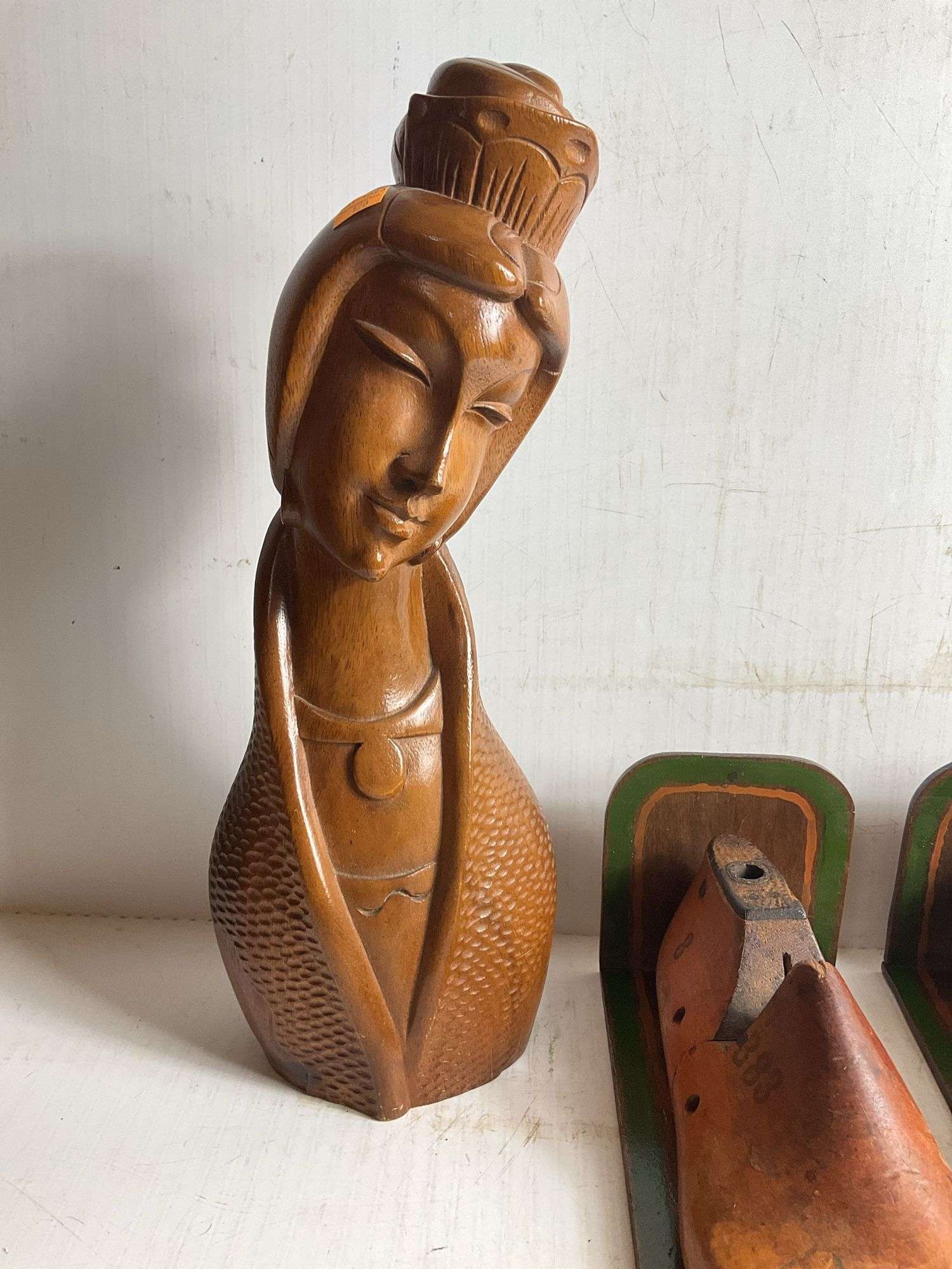 Vintage Shoe Forms, Carved Ethnic Woman Bust Sculpture