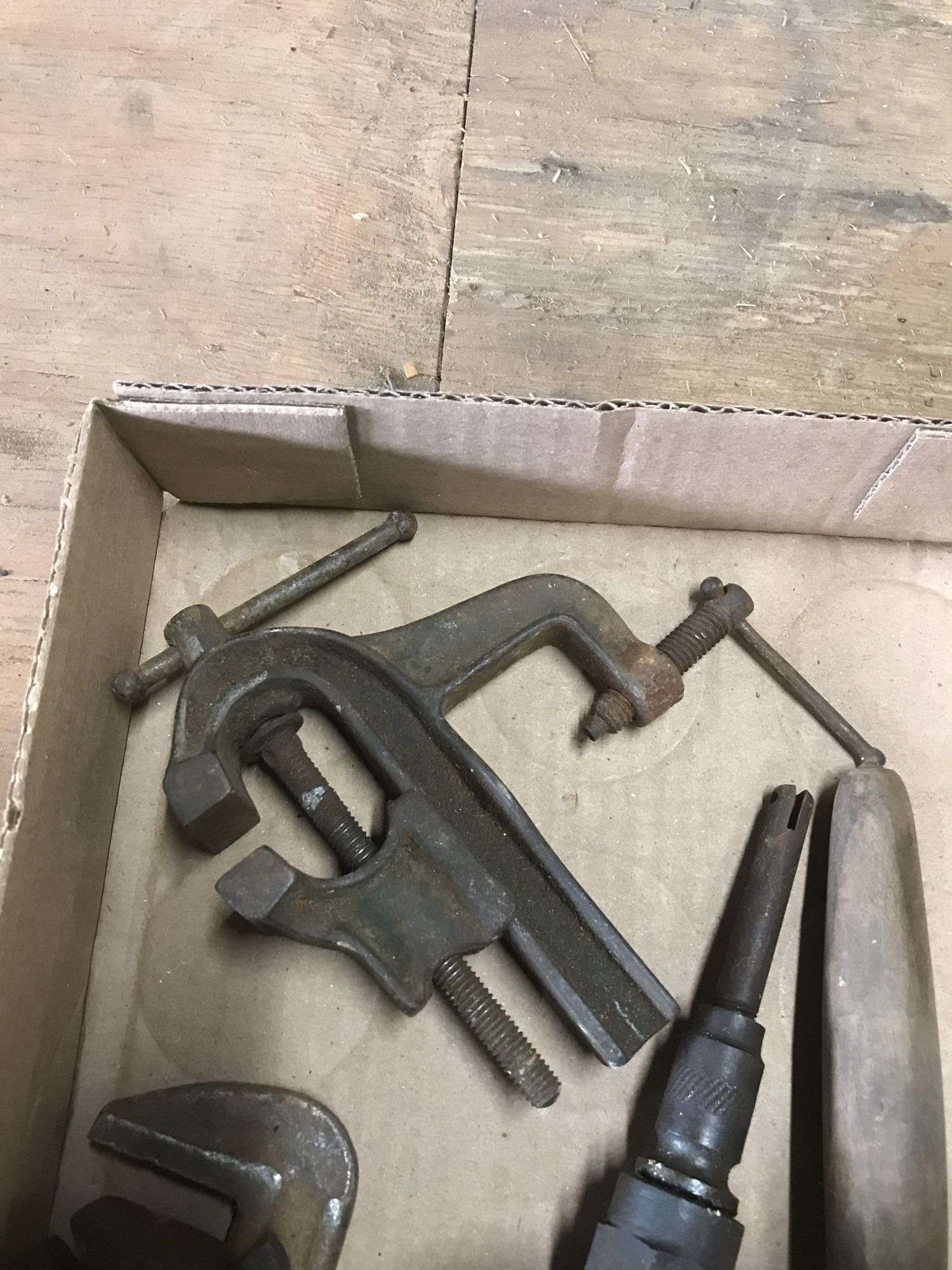 Antique tools, pipe wrench, Preston Ranch mallet, drill, bench vice ...