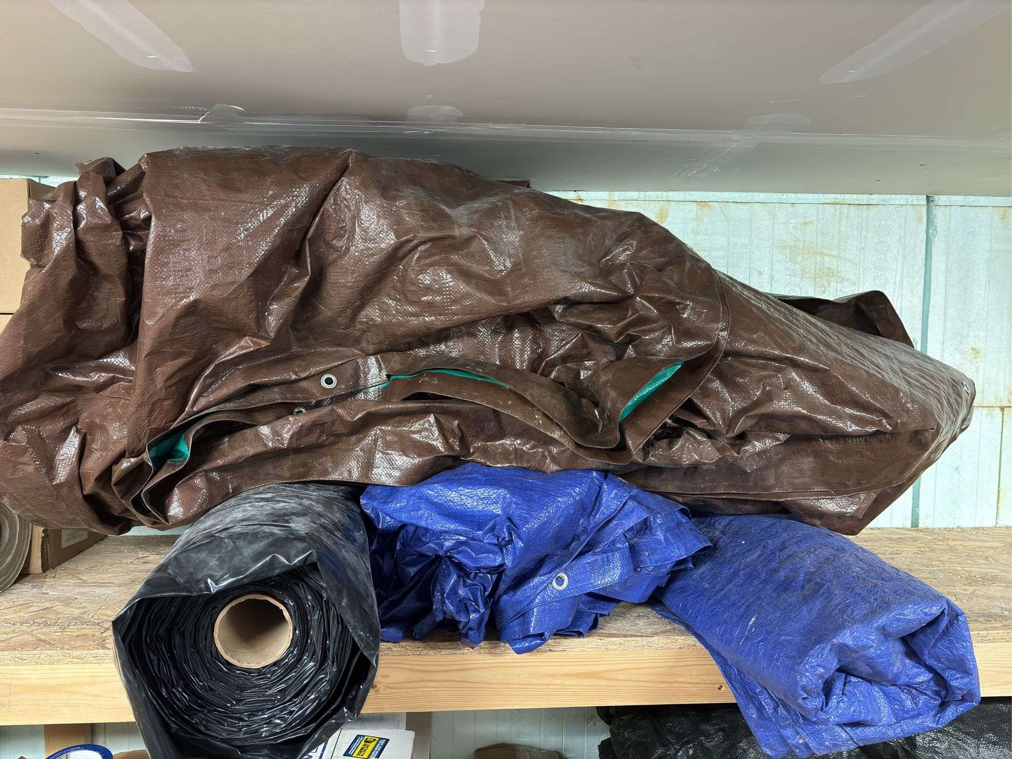3 tarps and roll of plastic