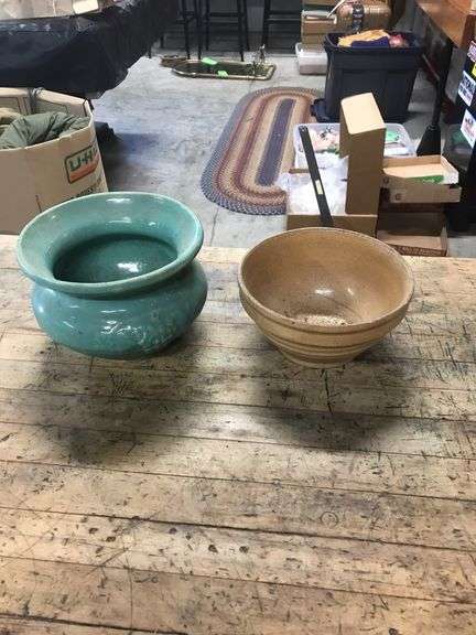 Antique Crock Bowl and Stoneware Spittoon