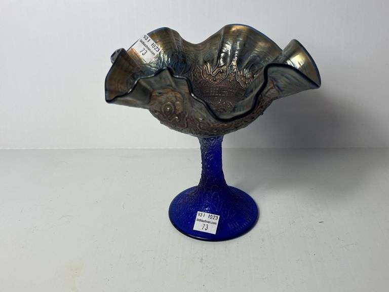 Fenton Carnival Persian Medallion Cobalt Blue Pedestal Compote