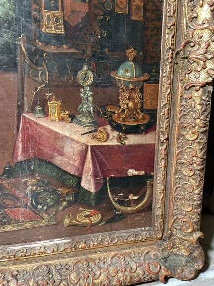 VINTAGE JAN BREUGEL (THE YOUNGER) 1601-1678 PICTURE IN ORNATE FRAME (AS IS) WITH BOOK, AND STAMPS