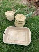 Antique enamel kitchen items including pan, and pots