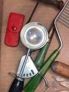 VINTAGE KITCHEN TOOLS, FLOWER PLACE CARD HOLDERS (original box), AND MORE