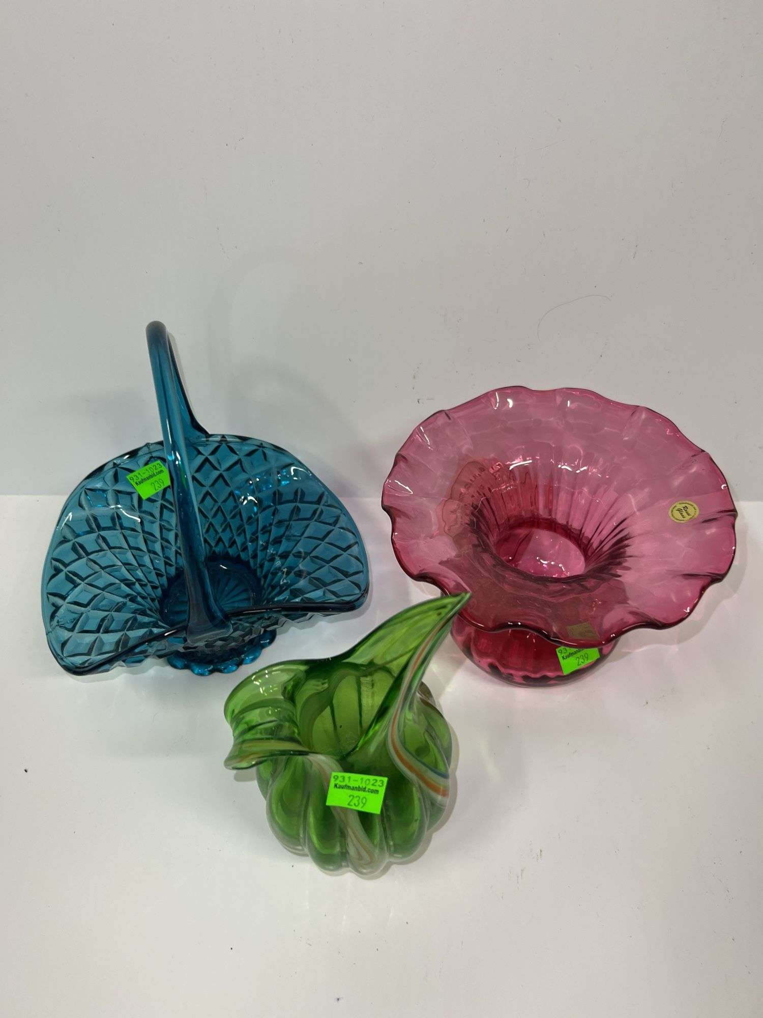 Blue Glass Basket and (2) Glass Vases