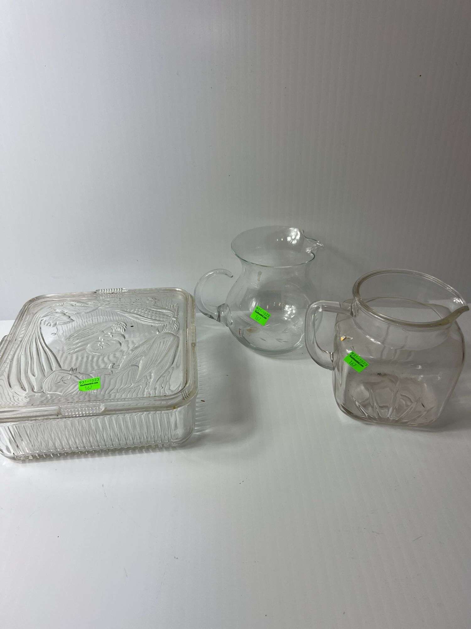 (2) Clear Glass Pitchers and (1) Clear Glass Dish w/ Lid
