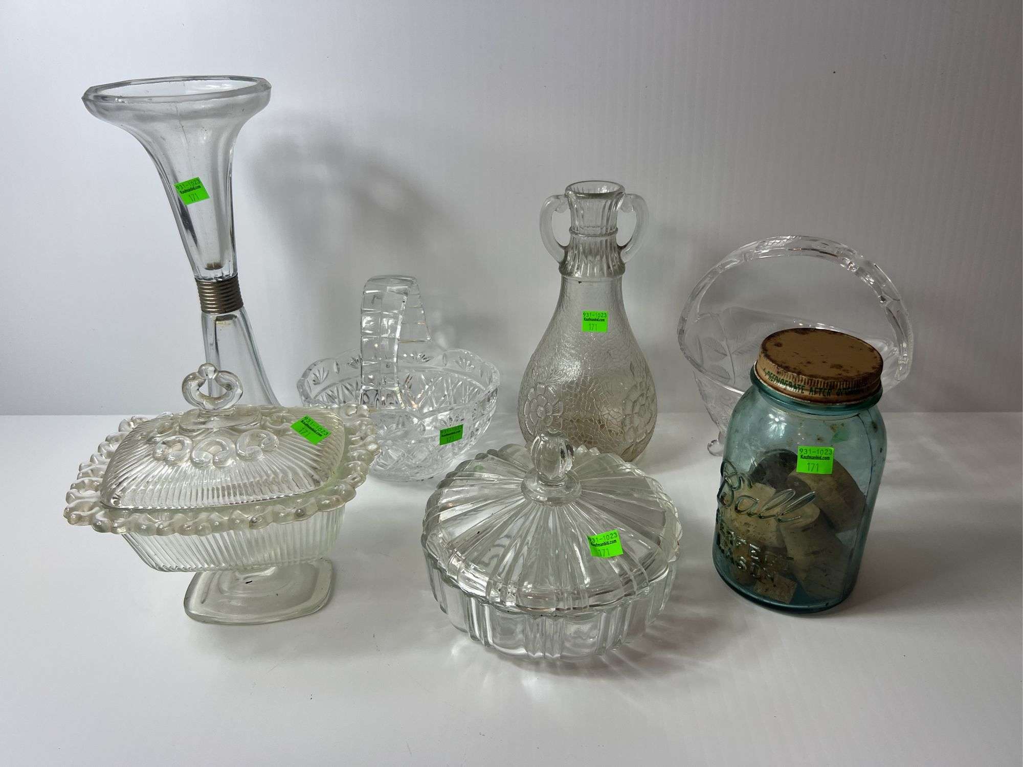 Assortment of Clear Glass Baskets, Dishes and Vases
