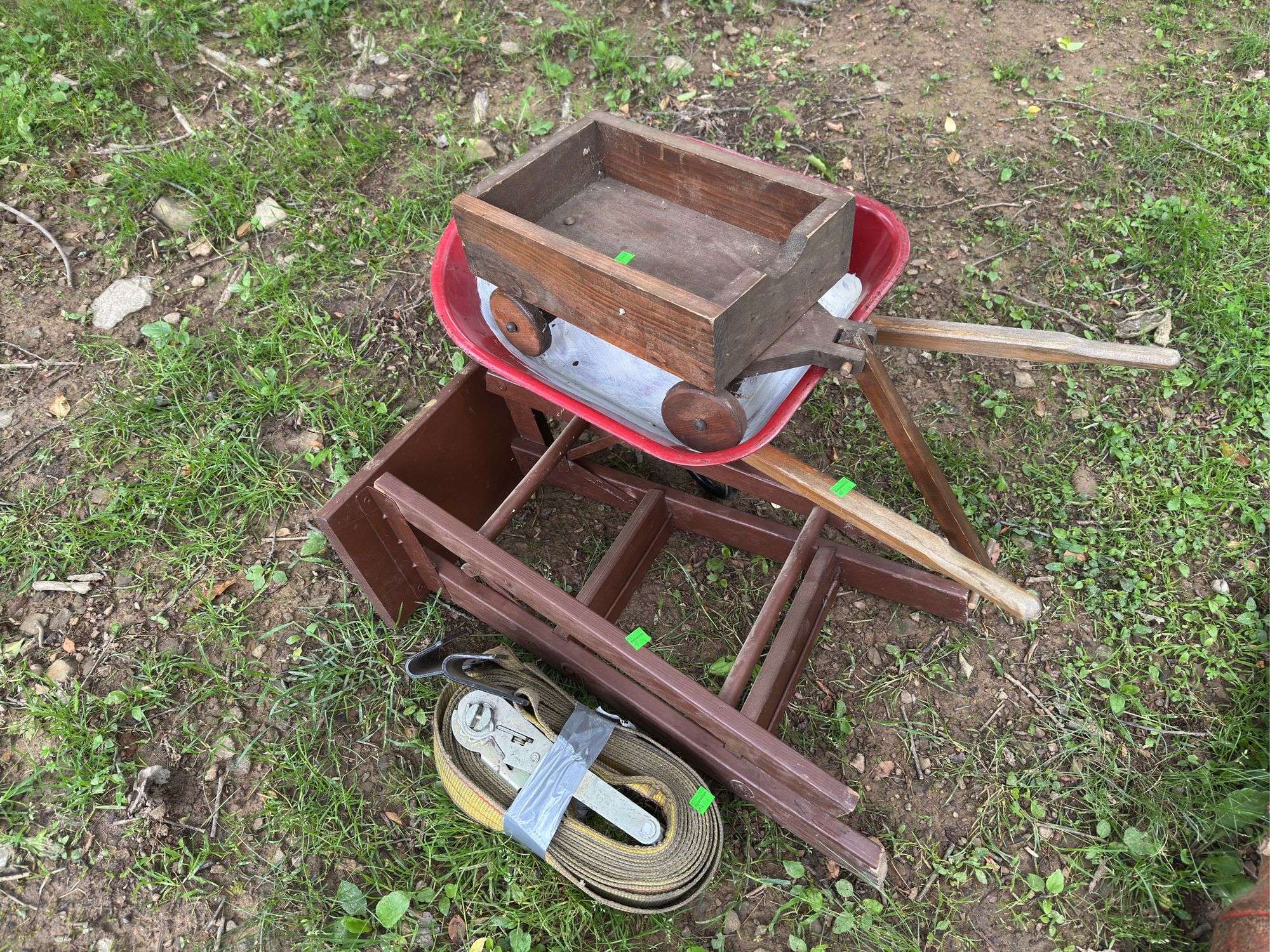 Mini Wheelbarrow, Wooden Cart, Step Stool and Ratchet Strap