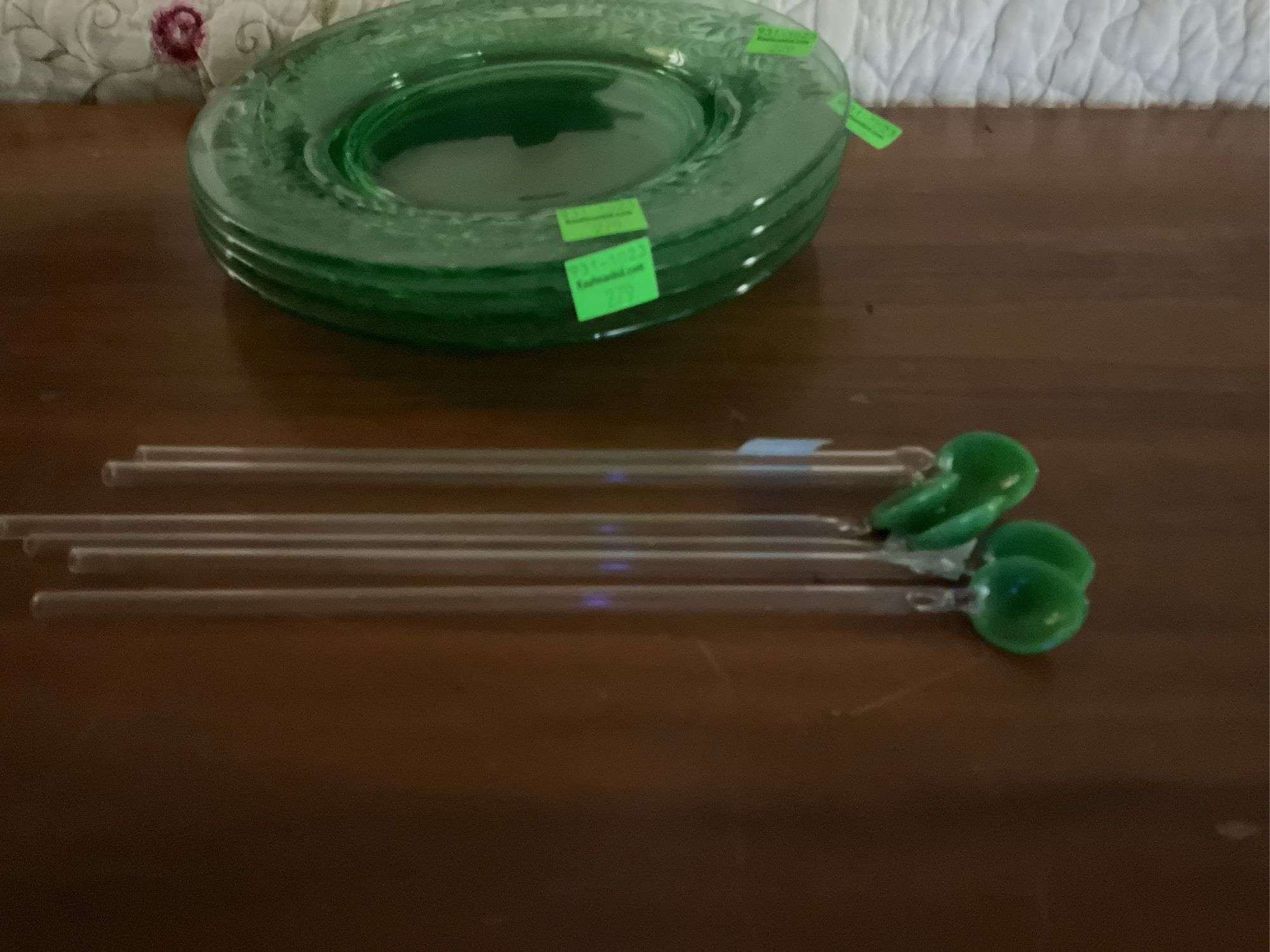 Vintage Uranium Glass Saucer Plates and Stir Spoons