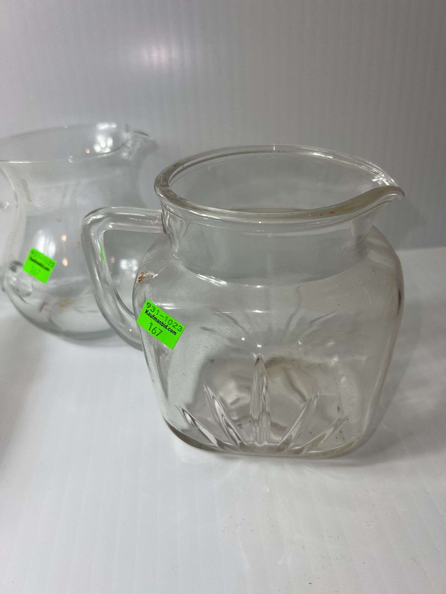 (2) Clear Glass Pitchers and (1) Clear Glass Dish w/ Lid