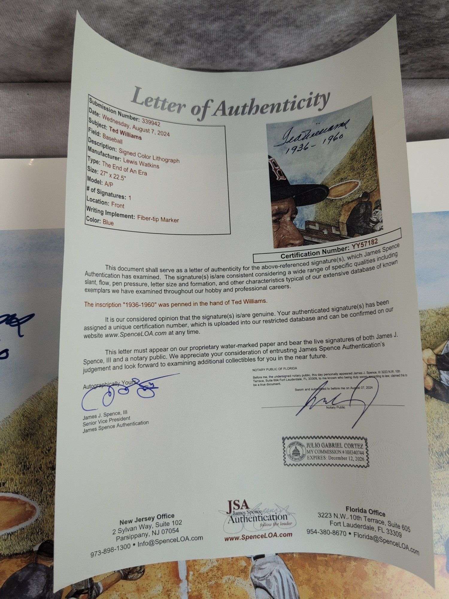 Ted Williams signed baseball Fenway Park litho, full letter JSA