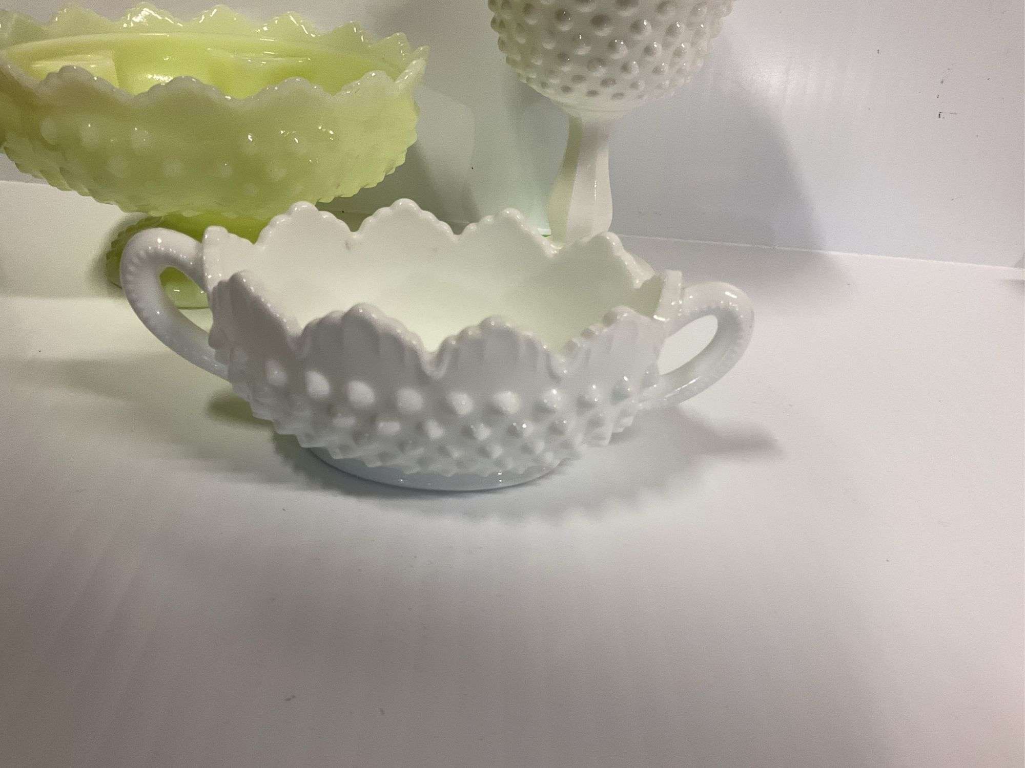 Fenton Hobnail Candle Holder, Fenton Mil Glass Pedestal Dish, Fenton Hobnail Sugar Bowl