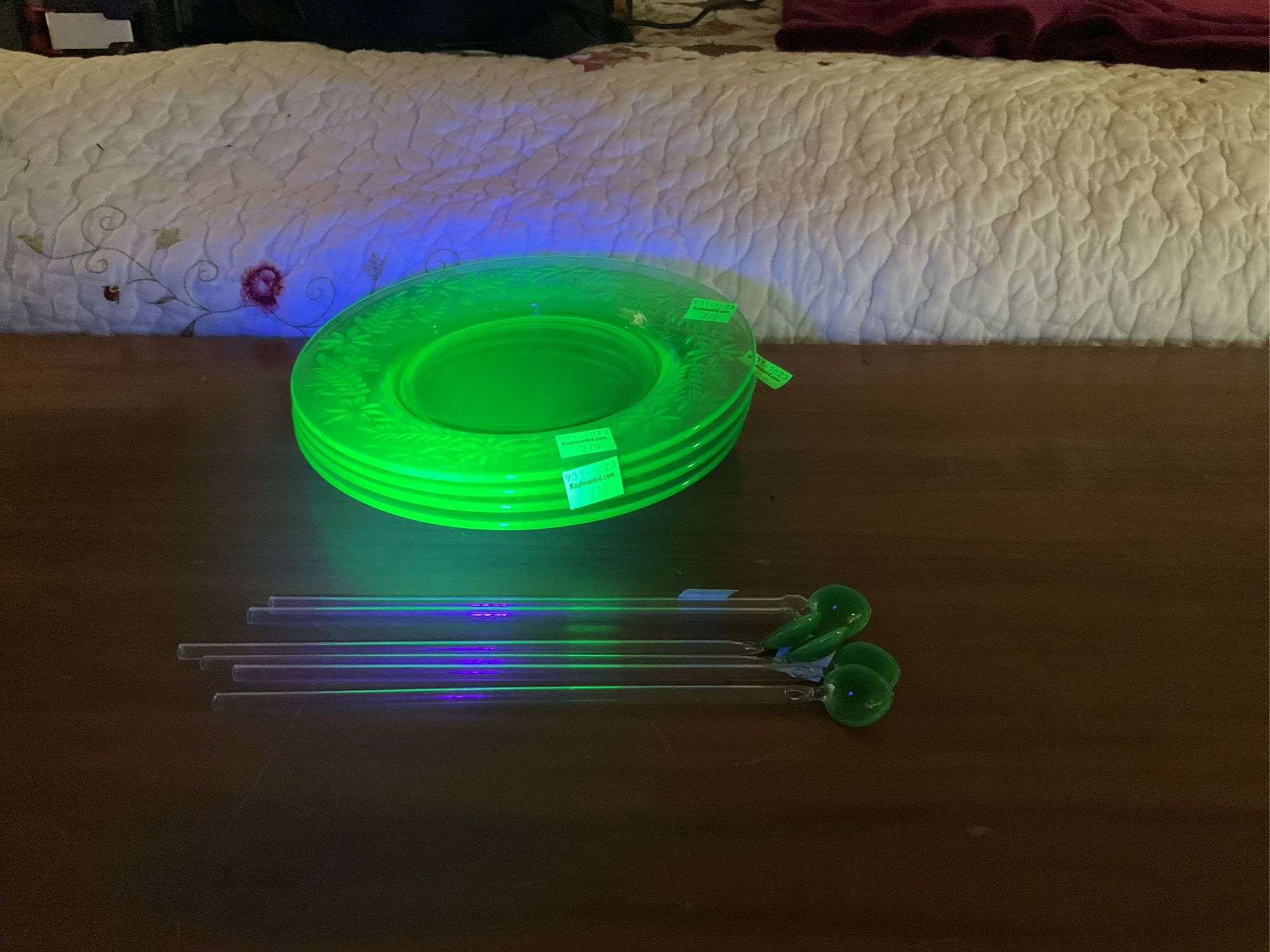 Vintage Uranium Glass Saucer Plates and Stir Spoons