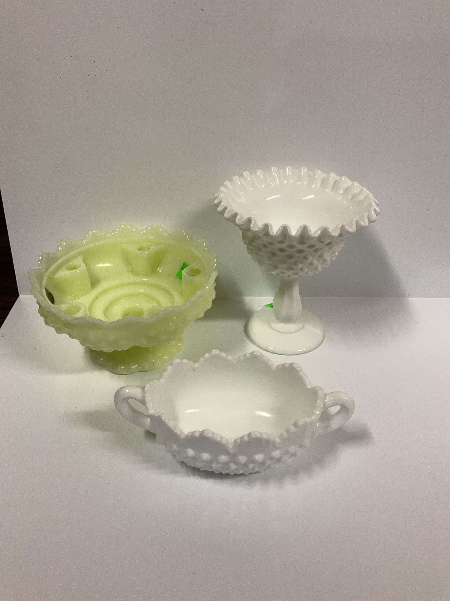 Fenton Hobnail Candle Holder, Fenton Mil Glass Pedestal Dish, Fenton Hobnail Sugar Bowl