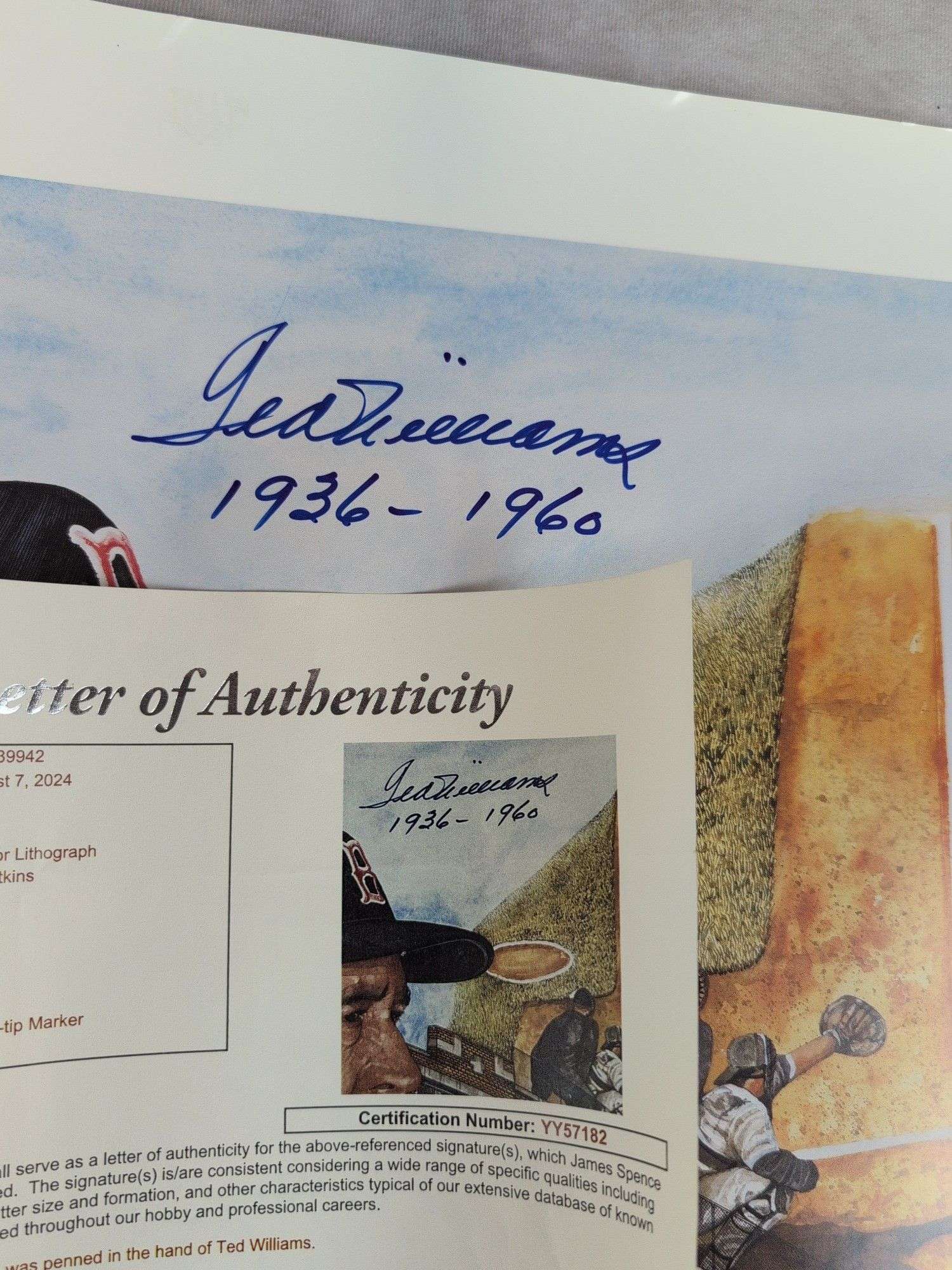 Ted Williams signed baseball Fenway Park litho, full letter JSA