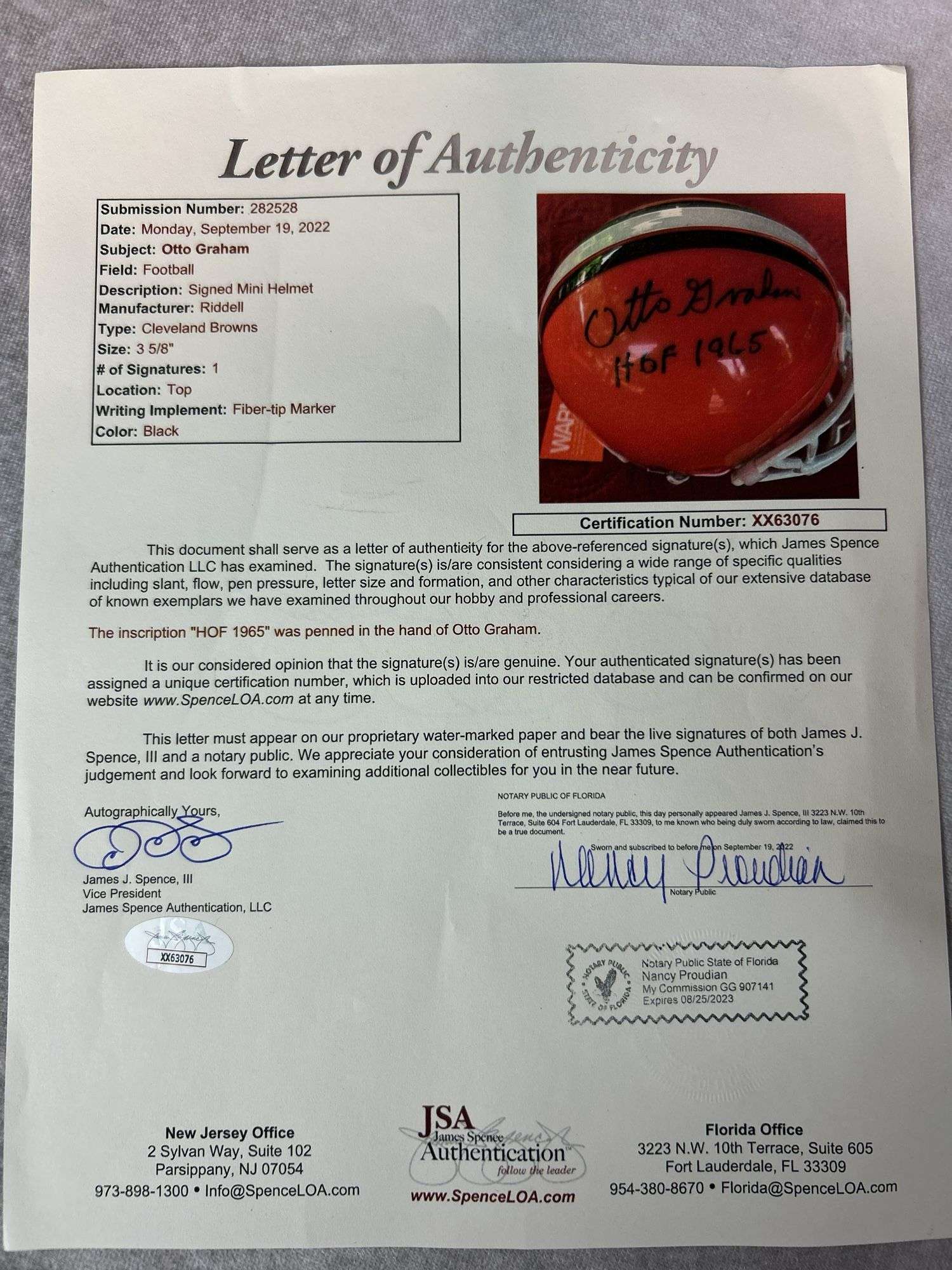 Otto Graham signed Cleveland Browns mini helmet, full JSA letter