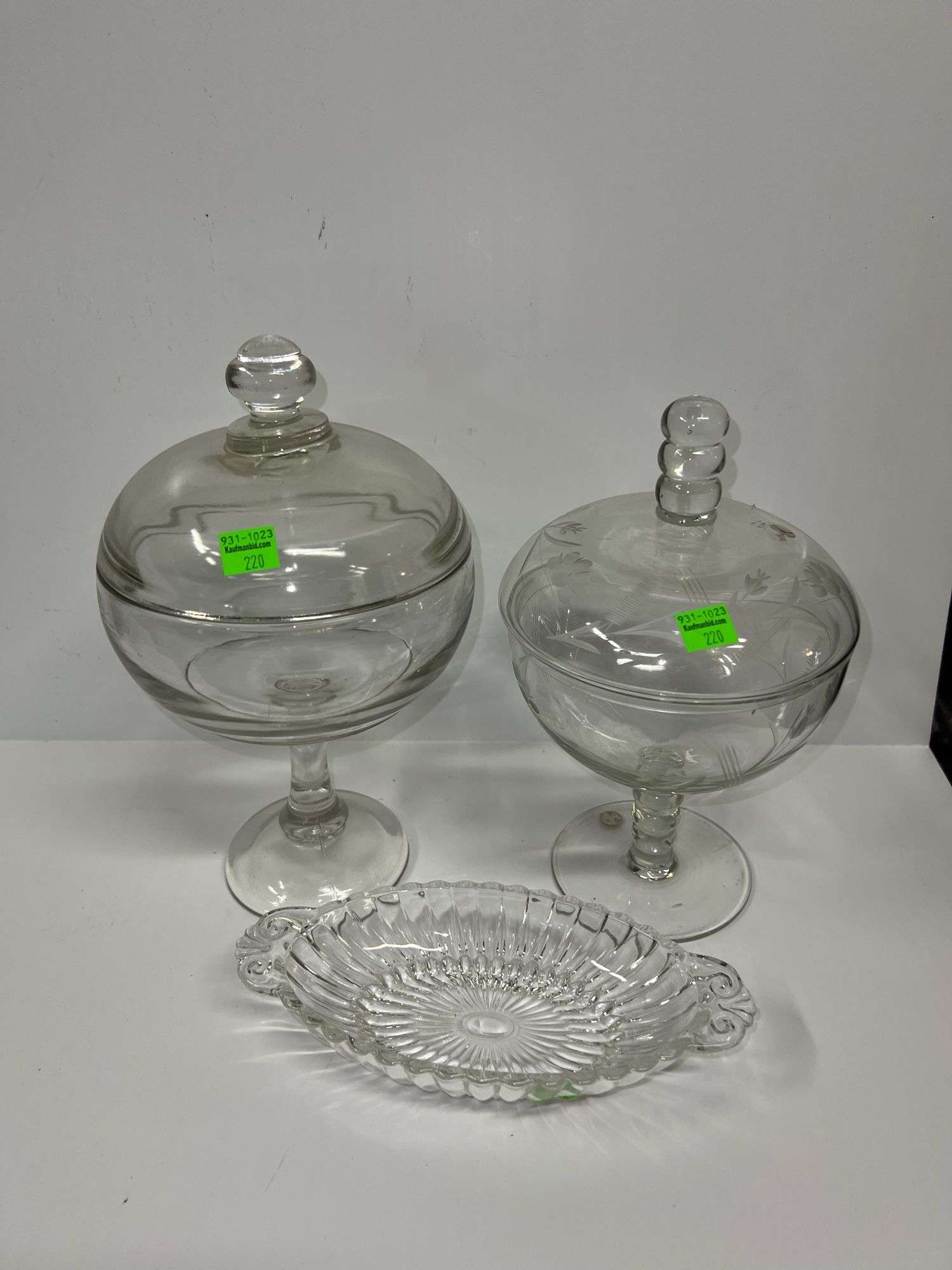 (2) Clear Glass Pedestal Candy Jars and Glass Relish Dish