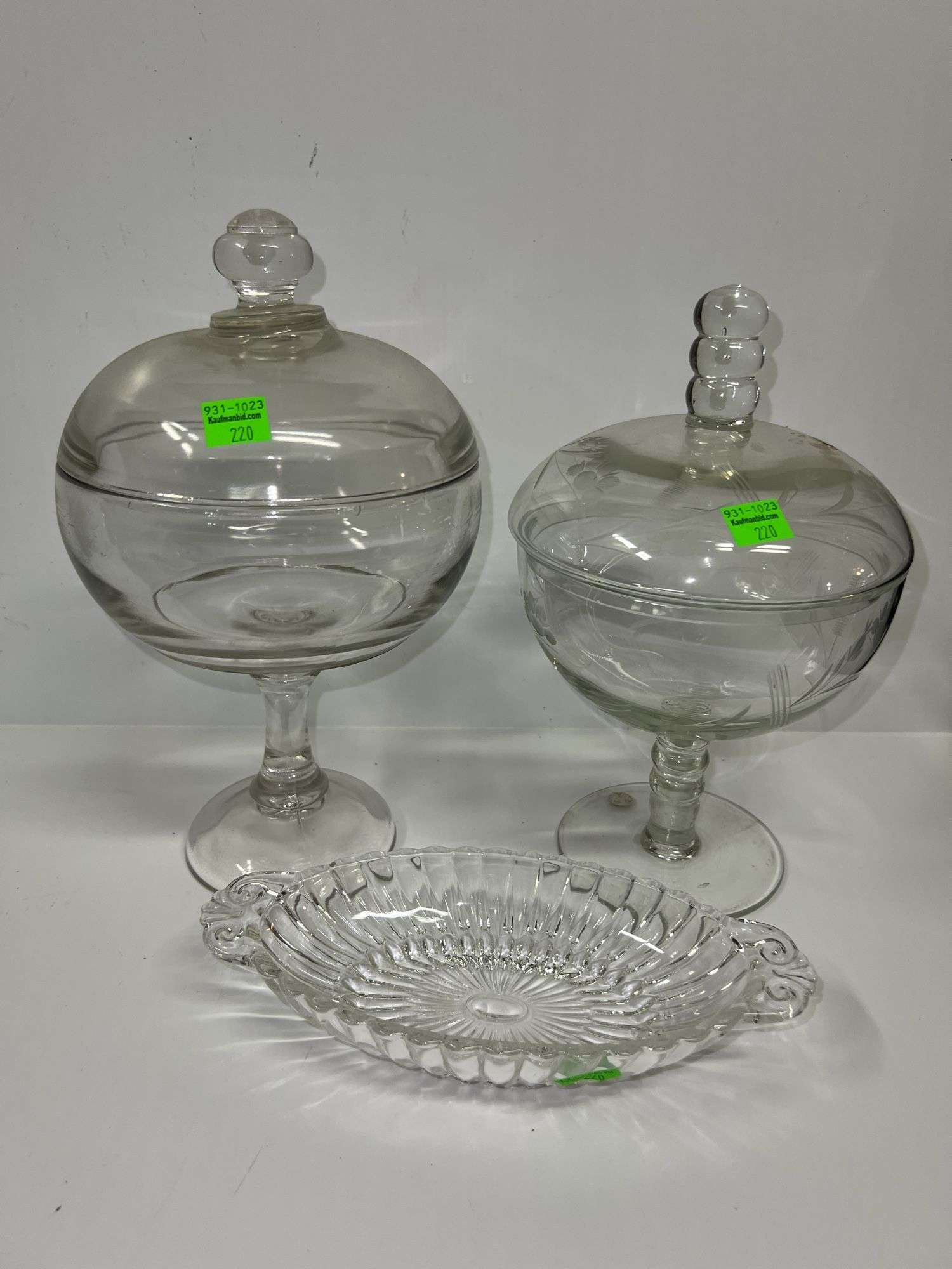 (2) Clear Glass Pedestal Candy Jars and Glass Relish Dish