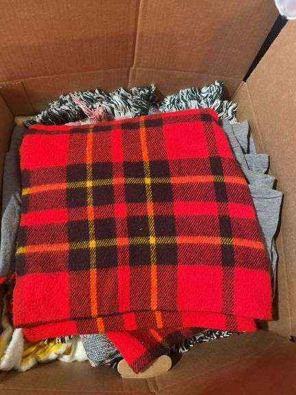 Box of materials, bedding, blankets, afghans and more