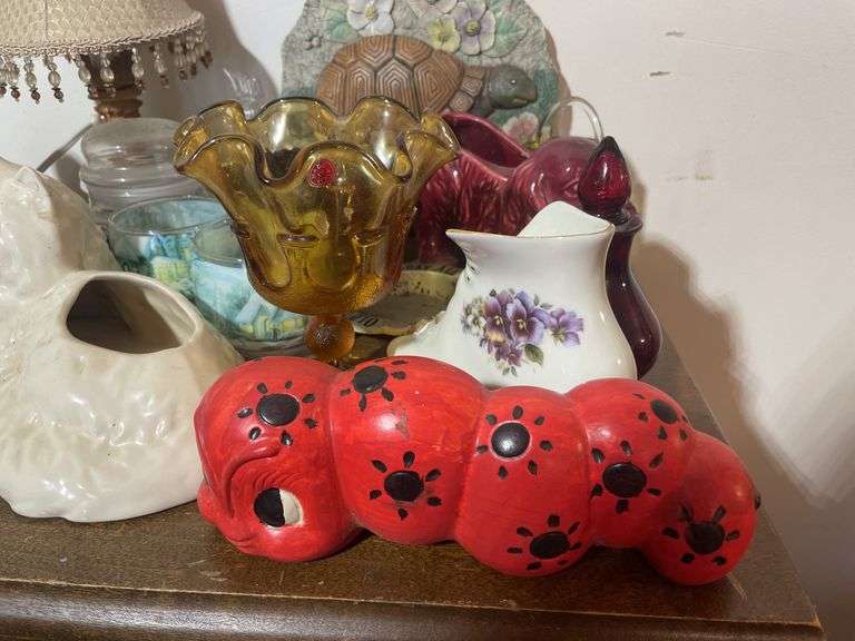(2) totes of glassware including decorative plates, lamps, animal planters, figurines and more