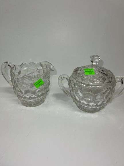 American Pattern 2056 Handled Sugar Bowl and Fostoria American Clear Crystal Glass Creamer