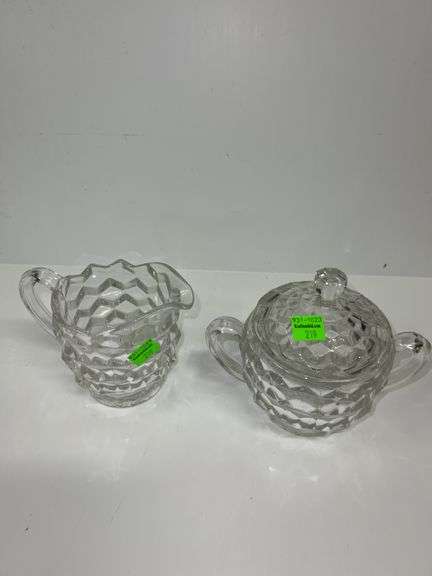 American Pattern 2056 Handled Sugar Bowl and Fostoria American Clear Crystal Glass Creamer