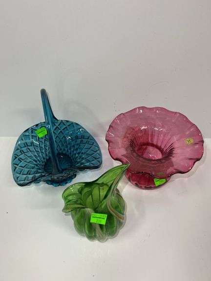 Blue Glass Basket and (2) Glass Vases