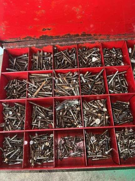 Red Metal Toolbox w/ Various Screws