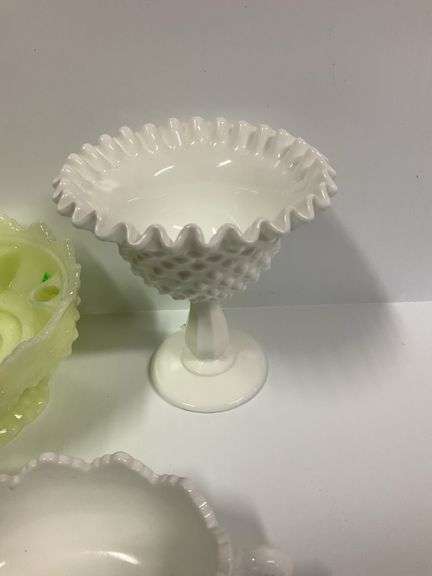 Fenton Hobnail Candle Holder, Fenton Mil Glass Pedestal Dish, Fenton Hobnail Sugar Bowl
