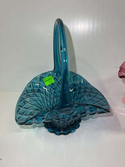 Blue Glass Basket and (2) Glass Vases