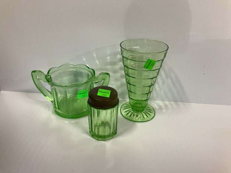 Uranium Glass Salt Shaker, Uranium Glass Tumbler, Uranium Glass Sugar Bowl