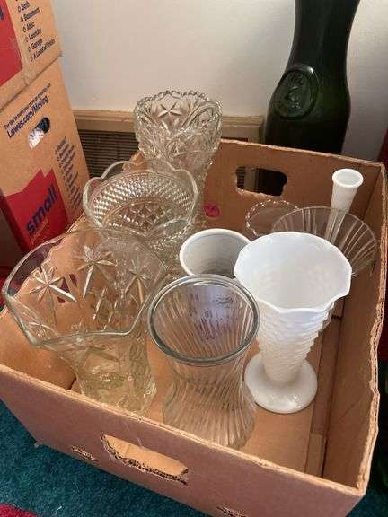 (2) boxes of vases and 2 glass jugs