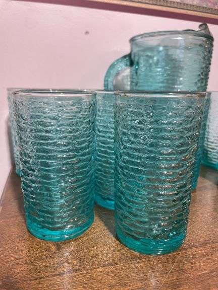 Vintage Anchor Hocking Soreno Aquamarine Blue Pressed Bark Pitcher and (12) Juice Glasses MCM