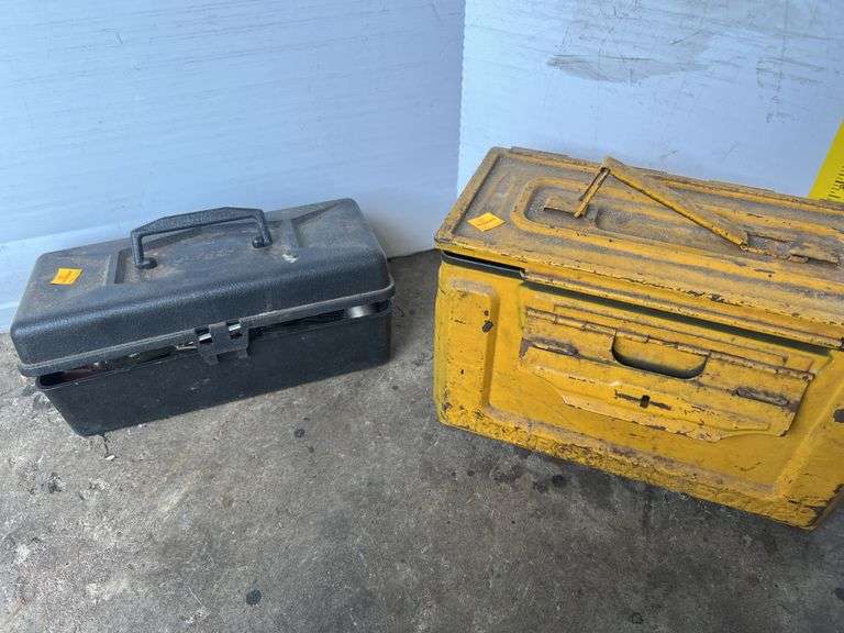 Yellow Metal Ammo Crate and Black Plastic Sears Box w/ Hand Tools