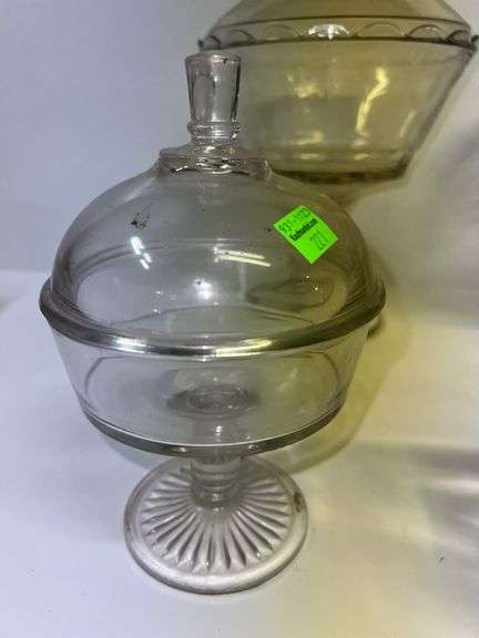 (3) Clear Glass Pedestal Candy Dishes and Clear Glass Canister