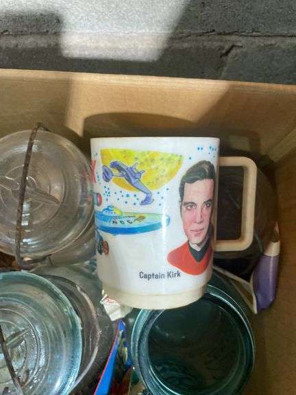 Box of jars including clear and blue - mostly Atlas