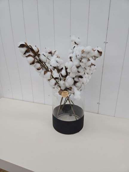Glass vase w/ (5) cotton stems