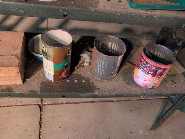 Metal shelving and wooden shelving - both with contents
