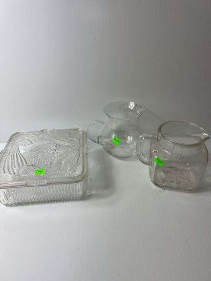 (2) Clear Glass Pitchers and (1) Clear Glass Dish w/ Lid