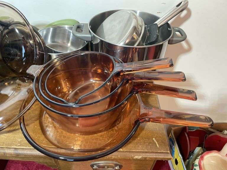 Vision Corning glass pan and pots, stainless steel pots, and other kitchenware